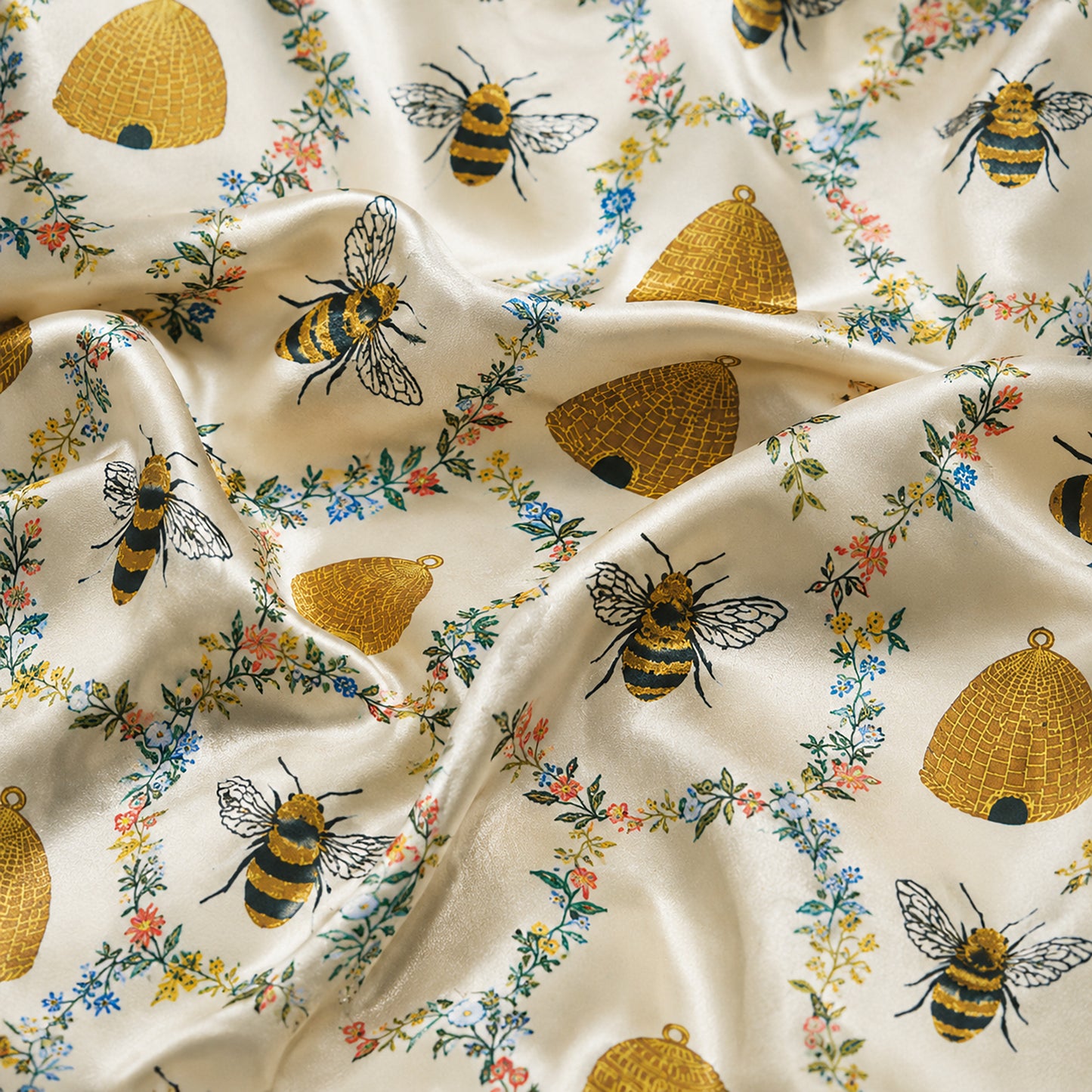 PJ-588-Bumblebee Floral Satin Pajamas Yellow Honey Beehive Spring Sleepwear Cottagecore Pjs