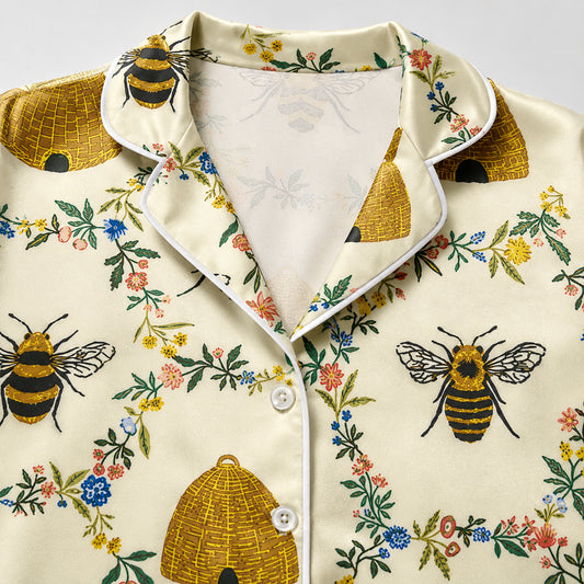 PJ-588-Bumblebee Floral Satin Pajamas Yellow Honey Beehive Spring Sleepwear Cottagecore Pjs