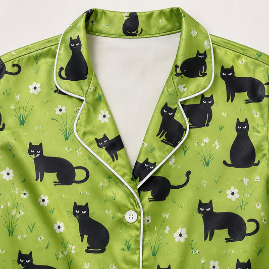 PJ-590-Green Satin Pajamas Black Cat Floral Print Spring Sleepwear Cute Animal Pjs