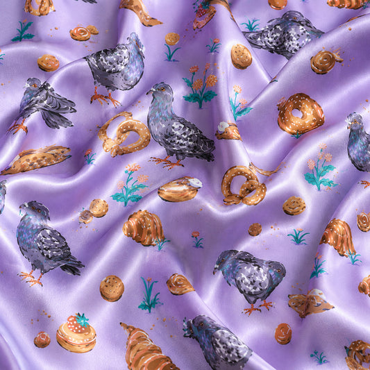 PJ-591-Lavender Pigeon Bird Satin Pajamas Croissant Bakery Print Sleepwear