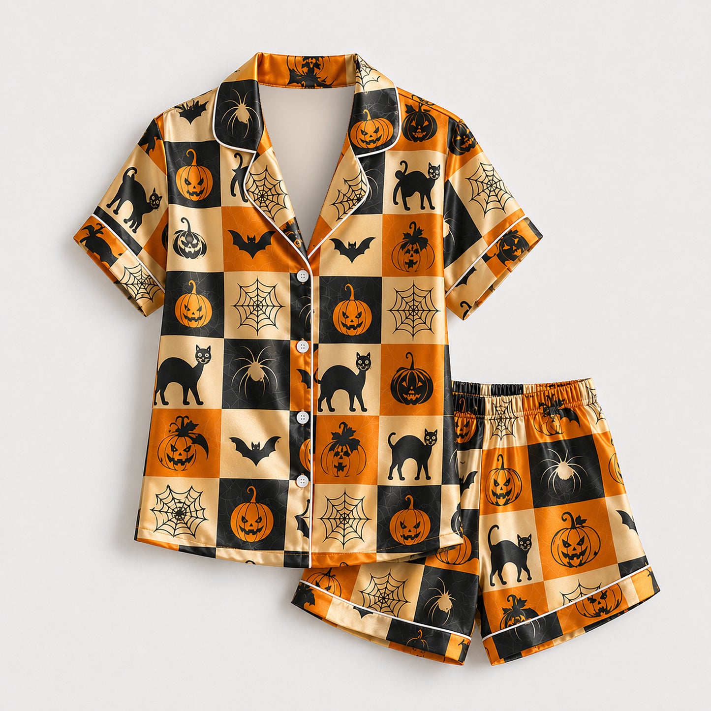PJ-594-Checkerboard Halloween Satin Pajamas Spooky Jack O Lantern Black Cat Spider Web Sleepwear
