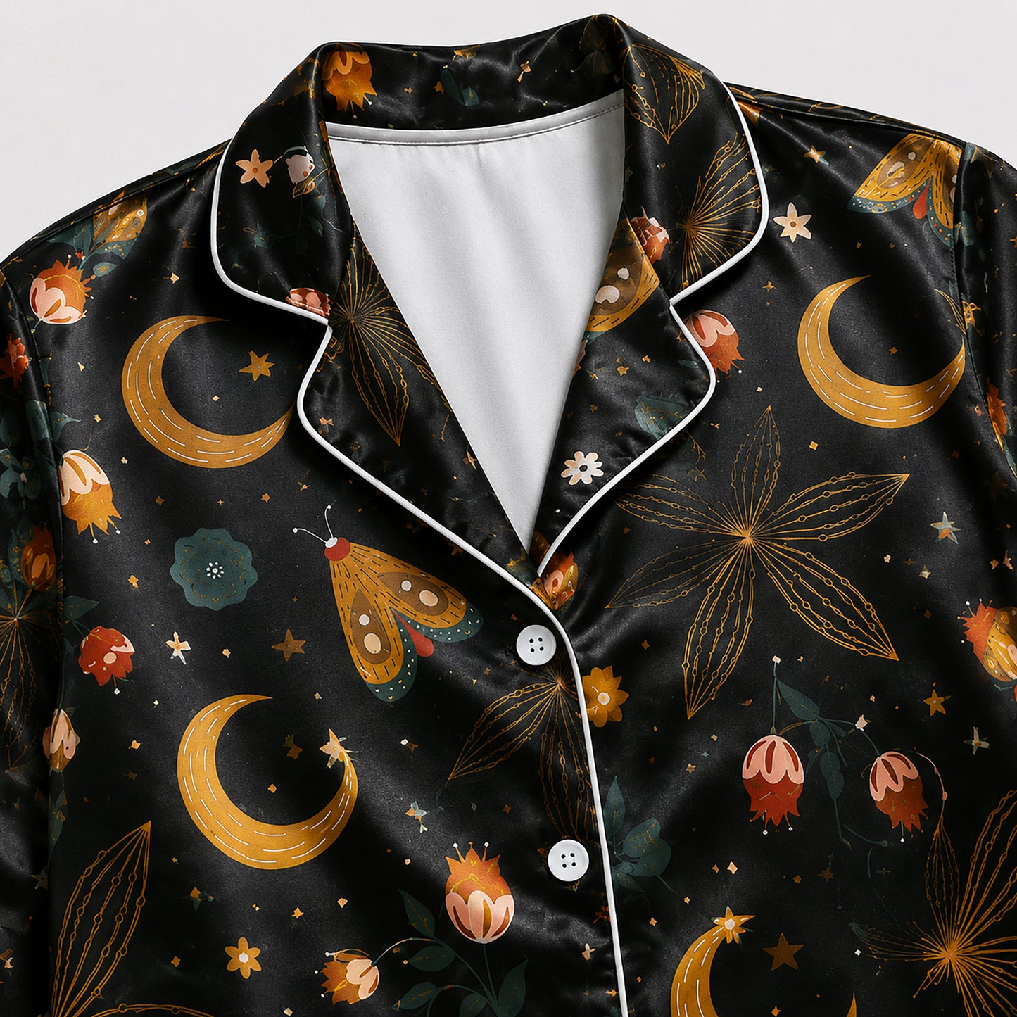 PJ-596-Celestial Moon Moth Satin Pajamas Black Botanical Floral Sleepwear Witchy Nightwear