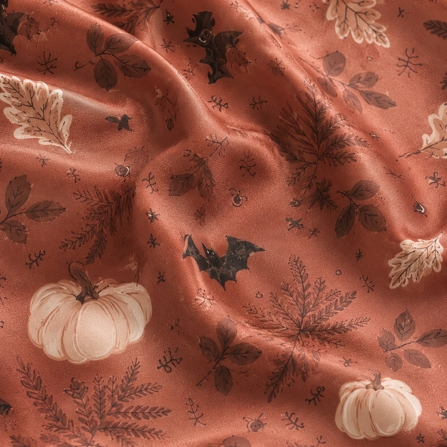PJ-597-Copper Autumn Bat Satin Pajamas Spooky Pumpkin Botanical Fall Sleepwear