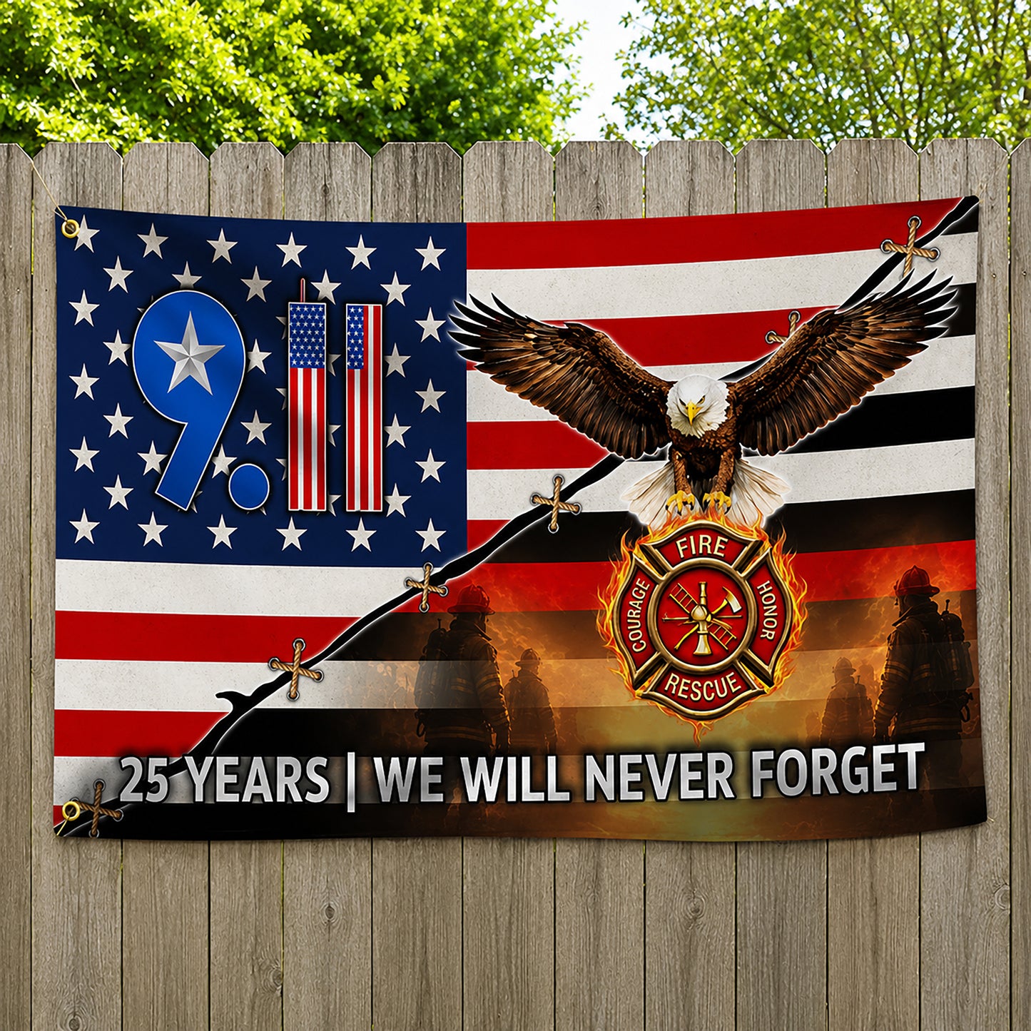 FLG-751-9/11 25 Years Never Forget Memorial Flag, Firefighter Badge & Bald Eagle Patriotic House Flag