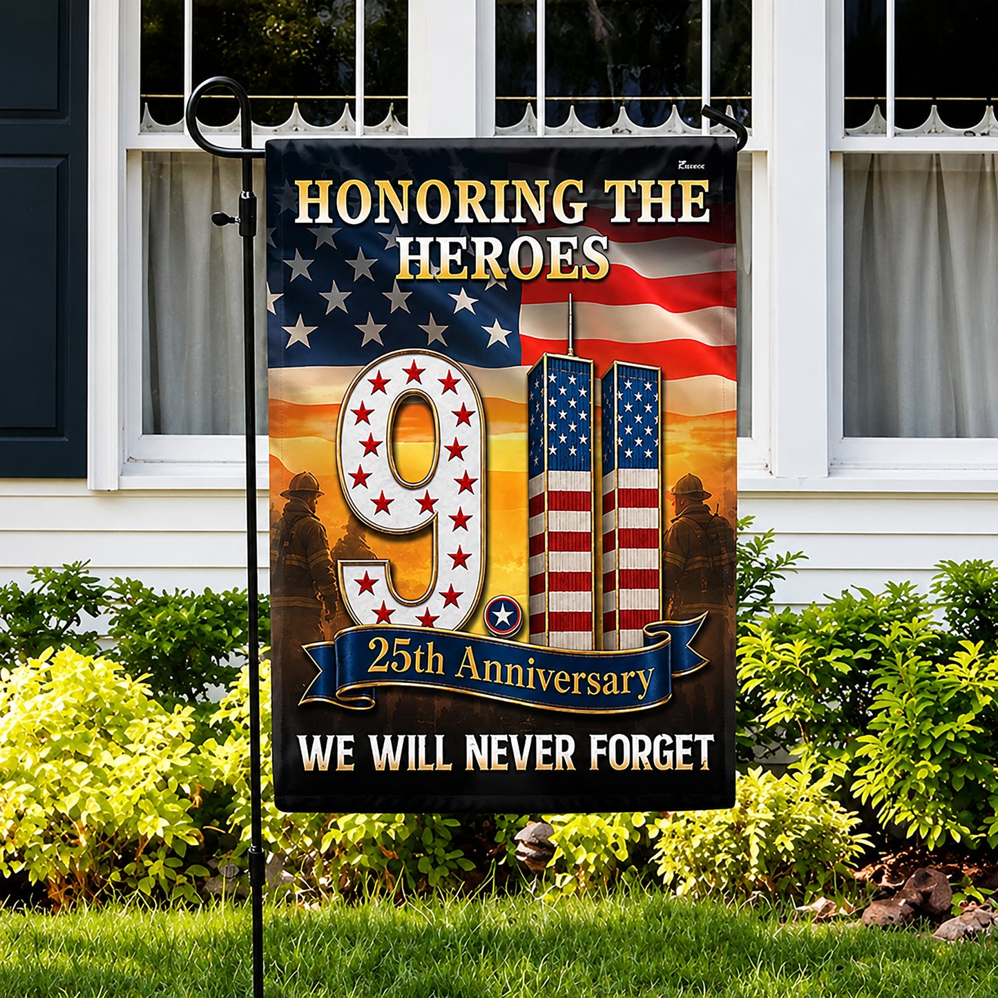 FLG-752-9/11 25th Anniversary Honoring The Heroes Flag, Twin Towers & Firefighter Memorial Yard Garden Flag