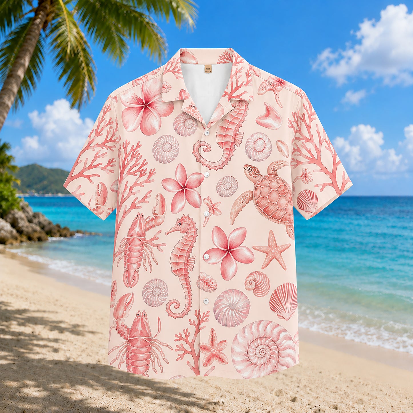 HW-300-Blush Silk Ocean Hawaiian Apparel, Starfish Coral Graphic Short Resort Beach Shirt Raiment FREE SHIPPING