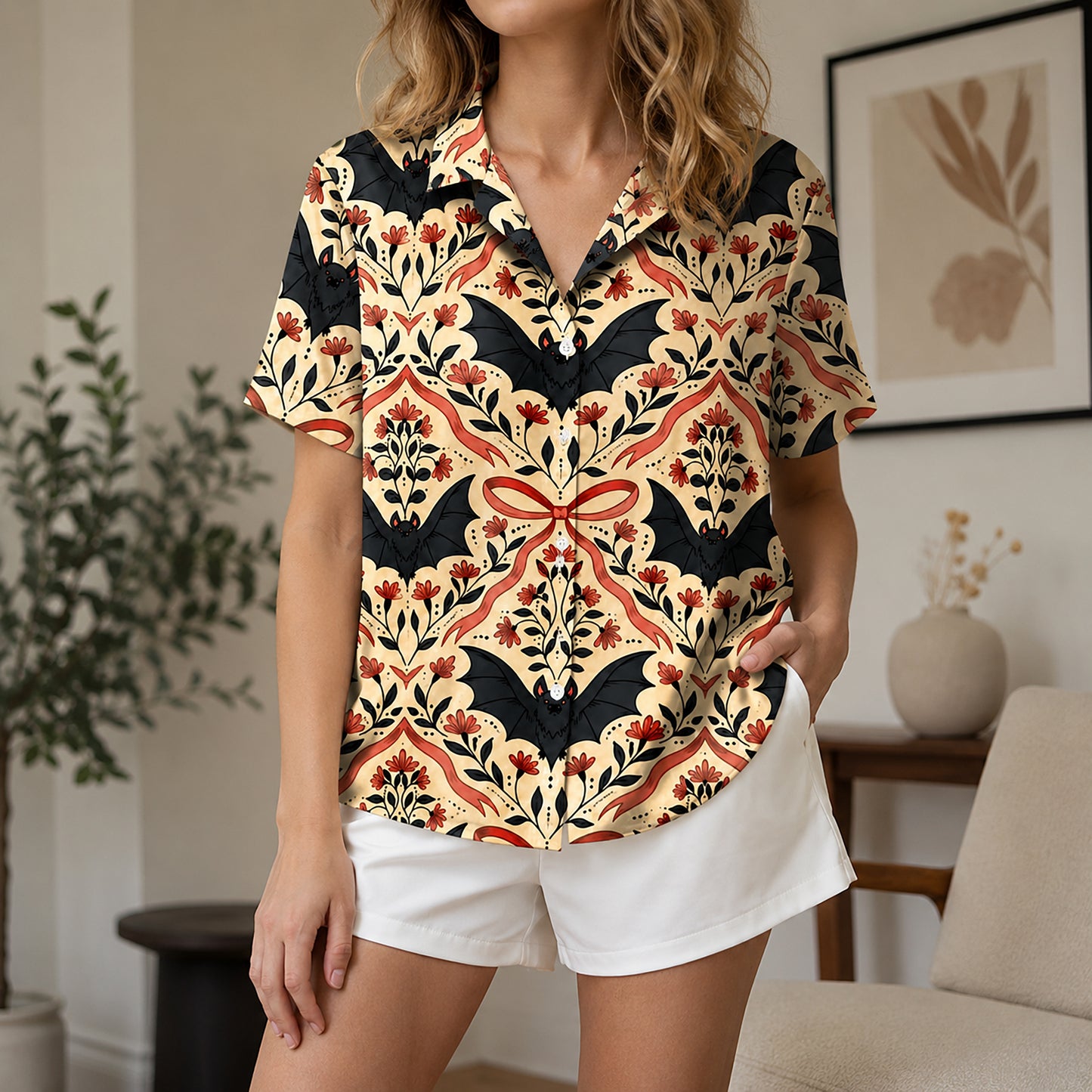 HW-608-Beige Victorian Gothic Bat Satin Hawaiian Red Floral Ribbon Damask Sleepwear Pjs