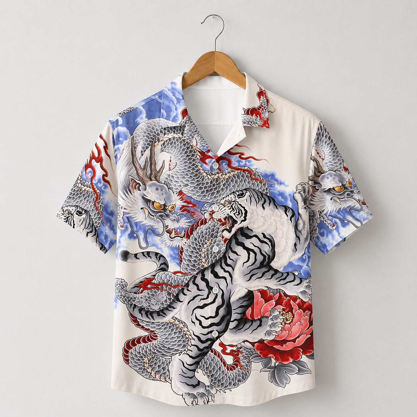 HW-621-Dragon Tiger Japanese Tattoo Art Aloha Shirt Mythical Button Down