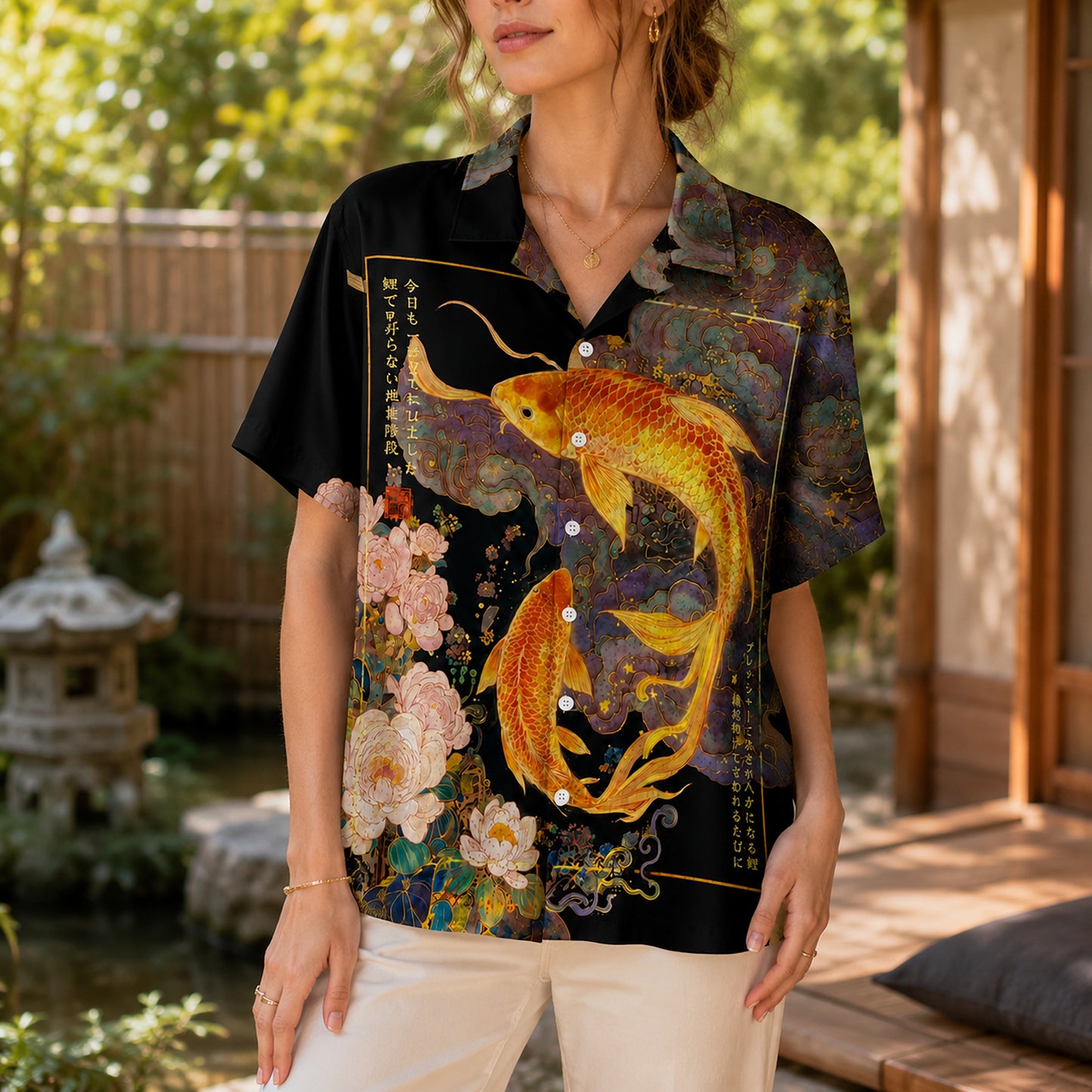 HW-624-Golden Koi Fish Asian Art Aloha Shirt Floral Peony Print Vintage Vacation Top
