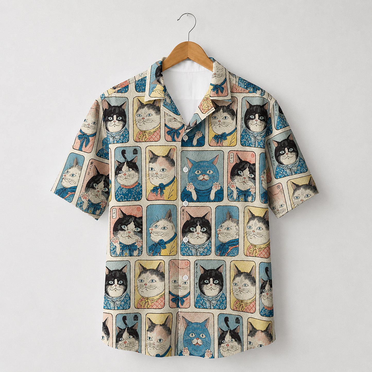 HW-625-Japanese Samurai Cat Art Satin Aloha Shirt Vintage Feline Button Down