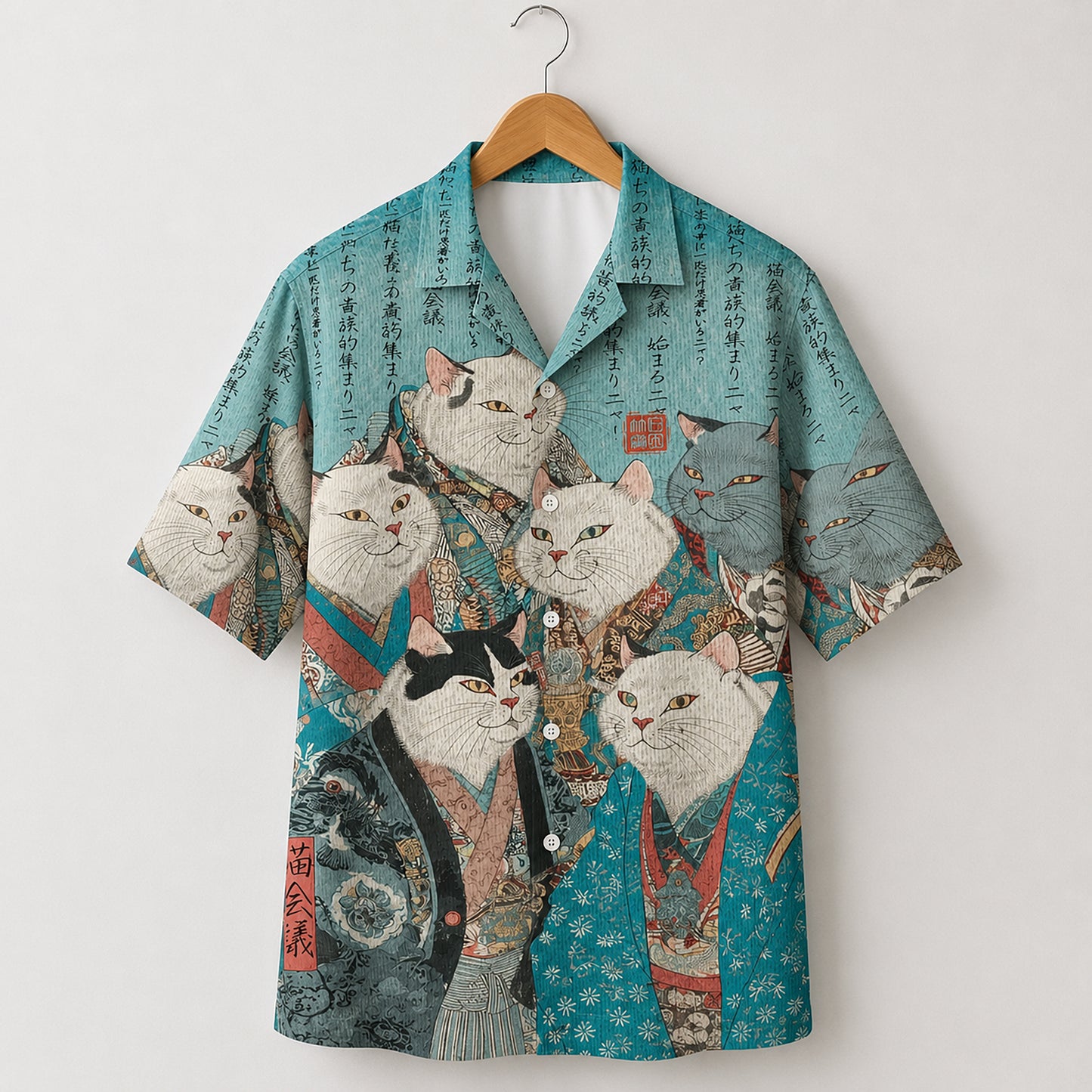 HW-626-Teal Ukiyo Feline Kimono Shirt Traditional Asian Animal Print Top