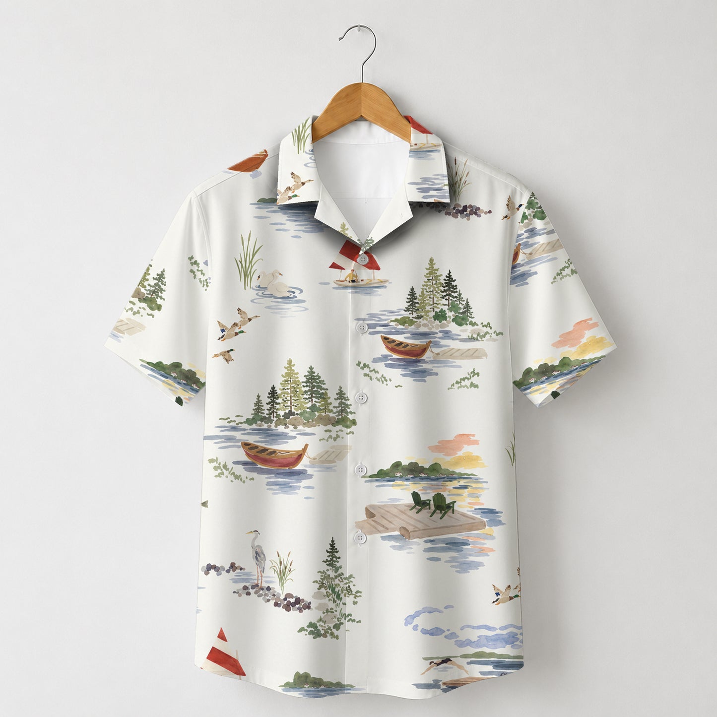 HW-648-Riverside Landscape Hawaiian Shirt, Scenic Nature Print Shirt, Peaceful River View Tropical Button Up, Relaxed Summer Vacation Shirt