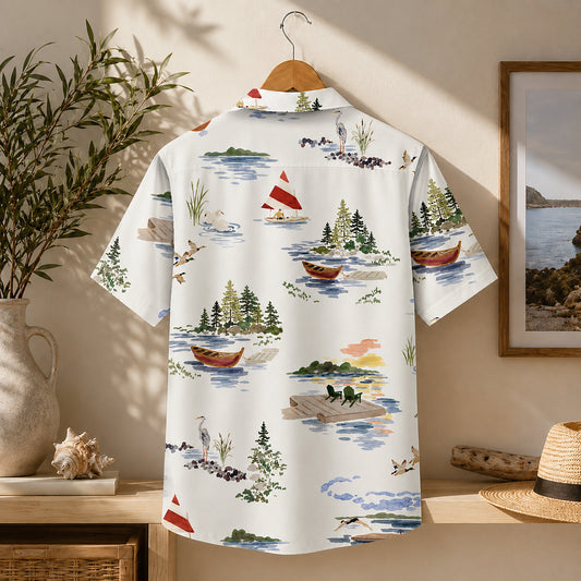HW-648-Riverside Landscape Hawaiian Shirt, Scenic Nature Print Shirt, Peaceful River View Tropical Button Up, Relaxed Summer Vacation Shirt