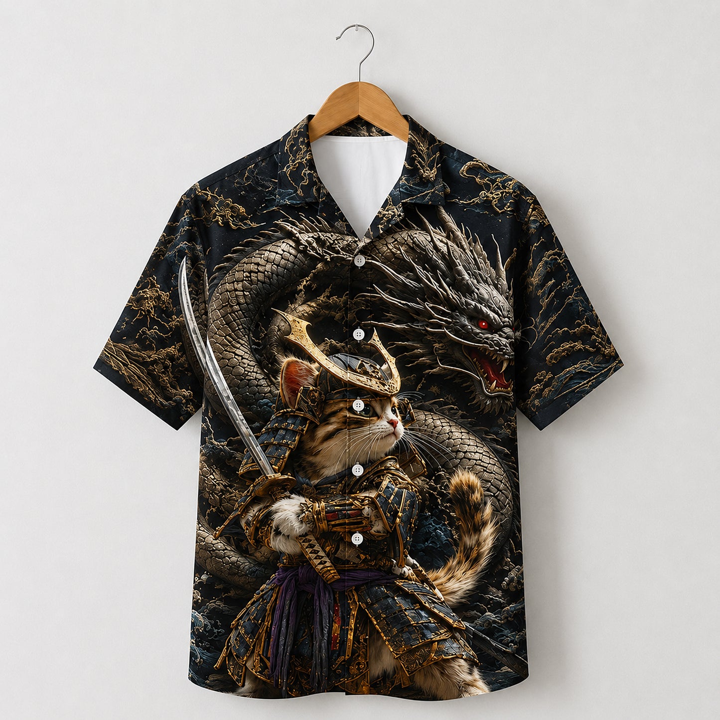 HW-665-Samurai Cat & Dragon Hawaiian Shirt with Epic Japanese Warrior Fantasy Pattern for Bold Streetwear, Vacation and Unique Gift Style