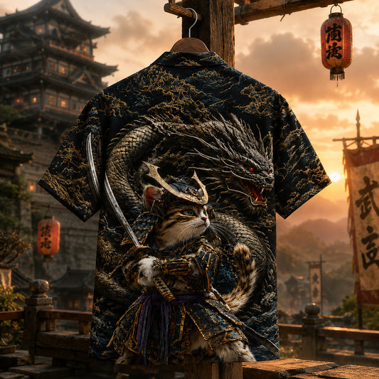 HW-665-Samurai Cat & Dragon Hawaiian Shirt with Epic Japanese Warrior Fantasy Pattern for Bold Streetwear, Vacation and Unique Gift Style