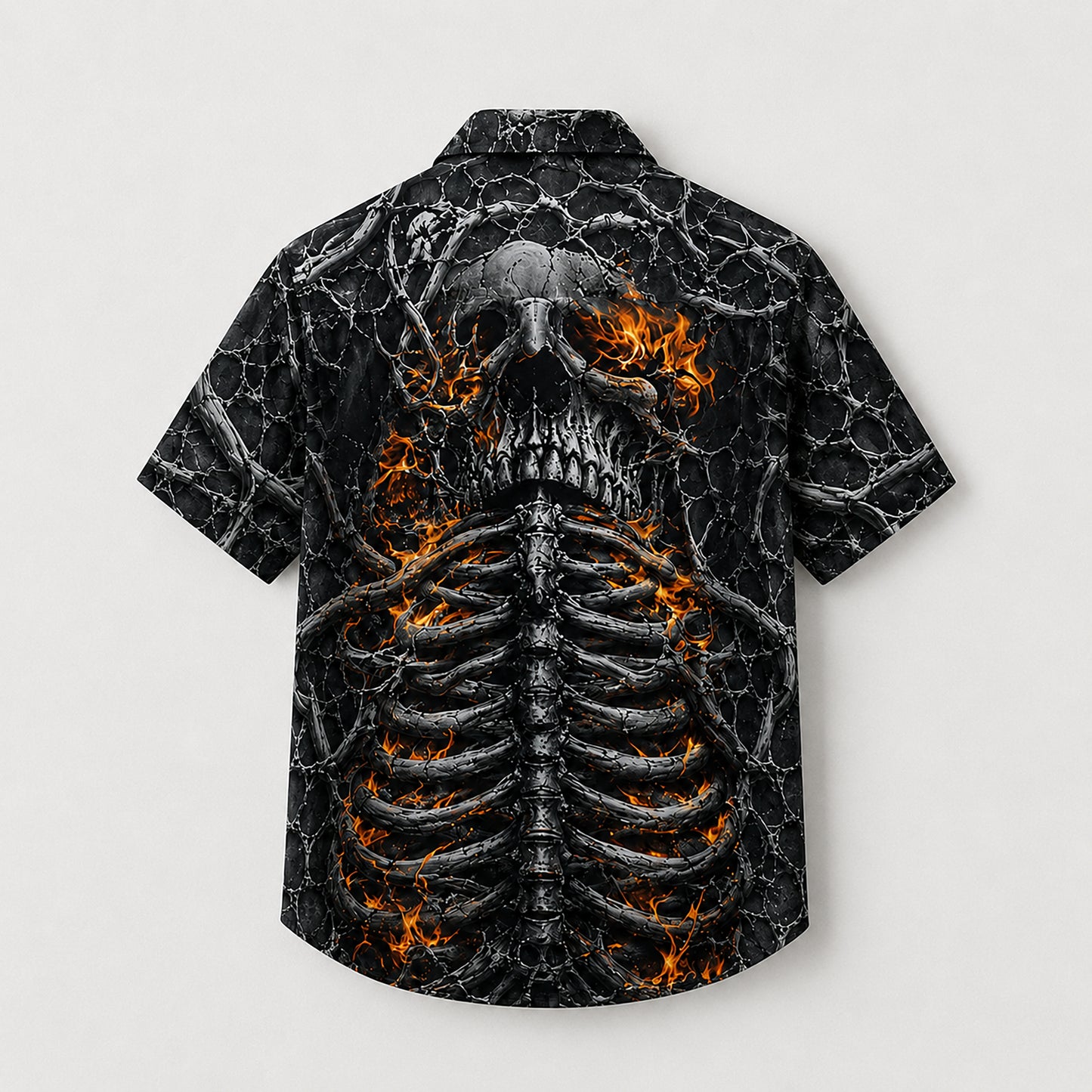 HW-745-Flaming Skeleton Hawaiian Shirt with Fiery Skull Pattern for Halloween Parties, Spooky Season and Bold Horror Style