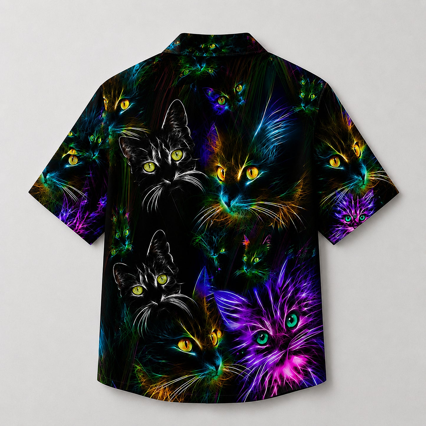 HW-746-Colorful Lights Cat Hawaiian Shirt with Playful Feline Pattern for Festive Parties, Vacation and Eye-Catching Casual Style