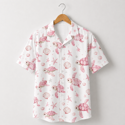 HW-M029-Pink Watercolor Sea Turtle Coastal Seashell Print White Button Down Hawaiian Shirt