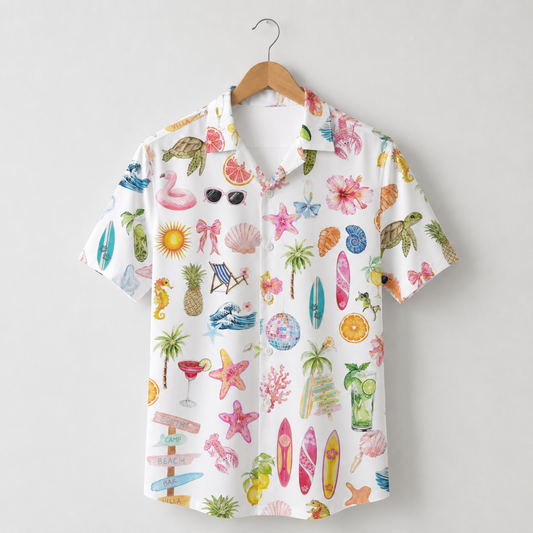 HW-M064-White Polyester Hawaiian Resort Shirt, Tropical Beach Pattern Short Sleeve Button Top Clothing