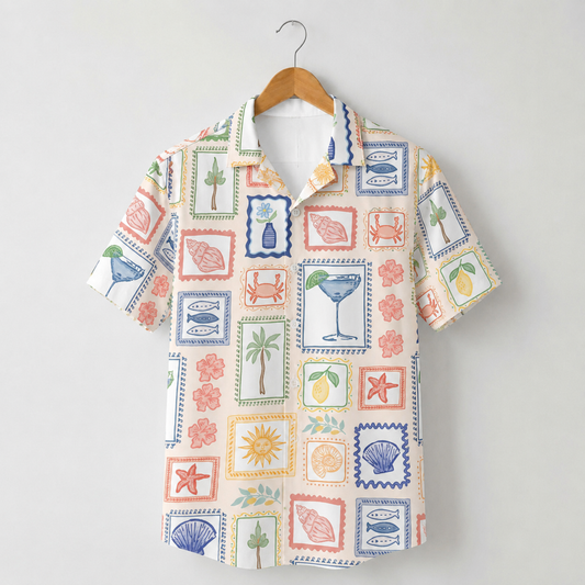 HW-M069-Artistic Hand Drawn Mediterranean Summer Tile Print Button Front Tropical Vacation Shirt Pajama Set