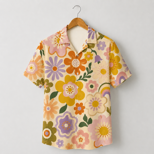 HW-M077-Vibrant Vintage Inspired Botanical Blossom Motif Aesthetic Resort Top Unisex Beach Vacation Hawaiian Shirt