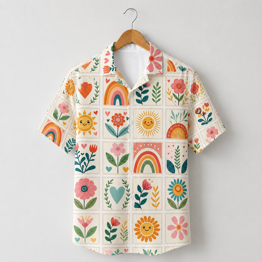 HW-M078-Colorful Boho Botanical Flower Rainbow Block Print Casual Resort Wear Aesthetic Unisex Hawaiian Shirt