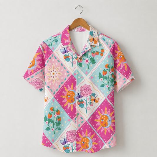 HW-M083-Pink Diamond Grid Mystical Sun Rose Strawberry Graphic Button Festival Aesthetic Unisex Hawaiian Shirt