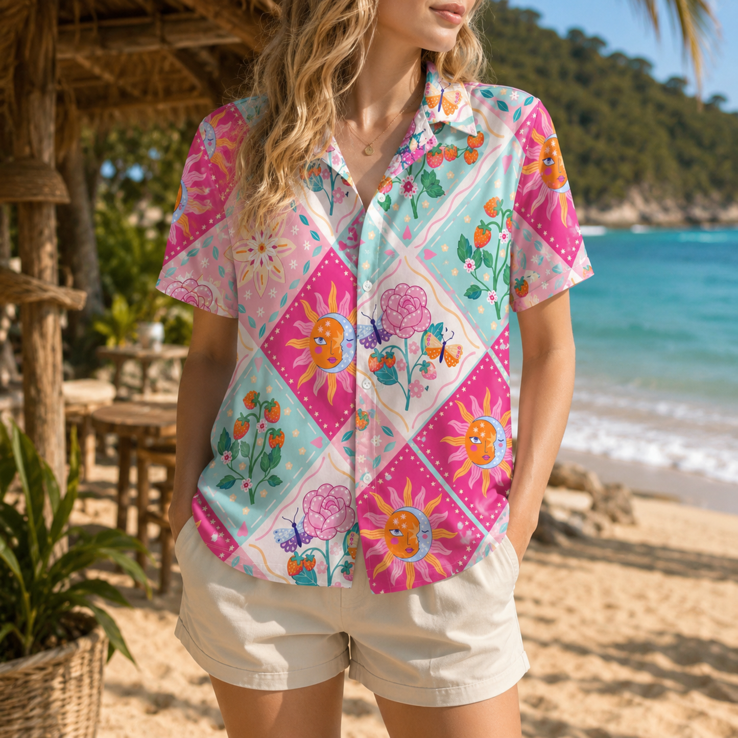 HW-M083-Pink Diamond Grid Mystical Sun Rose Strawberry Graphic Button Festival Aesthetic Unisex Hawaiian Shirt