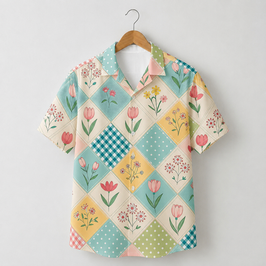 HW-M084-Pastel Floral Patchwork Hawaiian Shirt Vintage Quilt Aesthetic Button Down Top For Summer Vacation