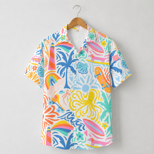 HW-M086-Playful Rainbow Octopus Surfing Dog Graphic Novelty Print White Vacation Unisex Hawaiian Camp Shirt