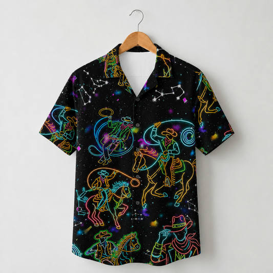 HW-M092-Neon Cowboy Horse Constellation Graphic Print Black Button Down Western Hawaiian Festival Camp Shirt