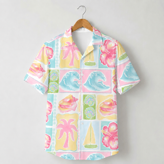 HW-M097-Vintage Pink Palm Tree Blue Wave Sailboat Patchwork Graphic Vacation Button Down Hawaiian Shirt
