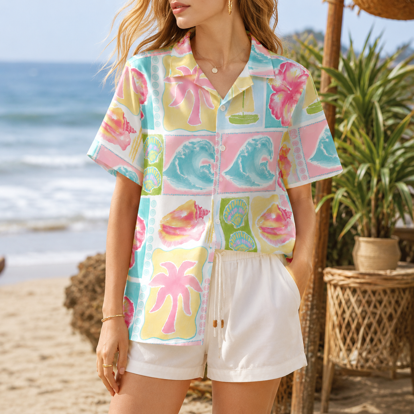 HW-M097-Vintage Pink Palm Tree Blue Wave Sailboat Patchwork Graphic Vacation Button Down Hawaiian Shirt