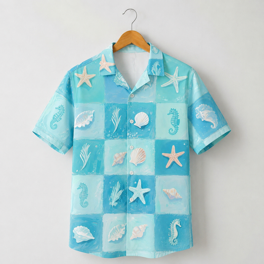 HW-M103-Ocean Blue Checkerboard Sea Shell Starfish Seahorse Graphic Print Vacation Hawaiian Camp Shirt