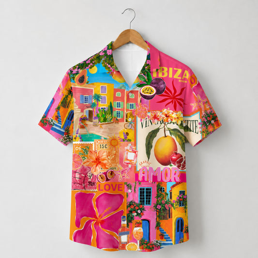 HW-M113-Vibrant Ibiza Travel Collage Tropical Fruit And Floral Vacation Festival Button Down Hawaiian Shirt