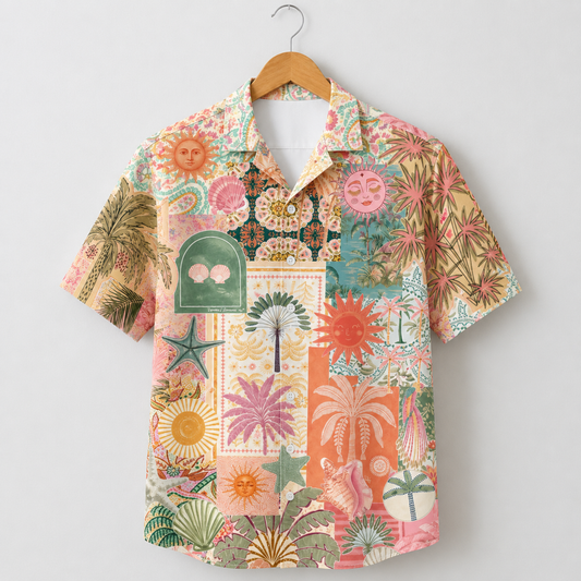 HW-M116-Boho Muted Sun Face Palm Tree Patchwork Hawaiian Shirt Vintage Beach Vacation Summer Top