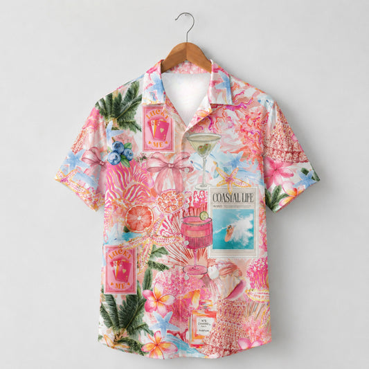 HW-M118-Pink Preppy Coastal Life Collage Cocktail Floral Hawaiian Shirt For Summer Beach Vacation Top