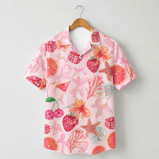 HW-M119-Quirky Pink Balloon Dog Strawberry Martini Dice Floral Hawaiian Shirt Summer Beach Vacation Top