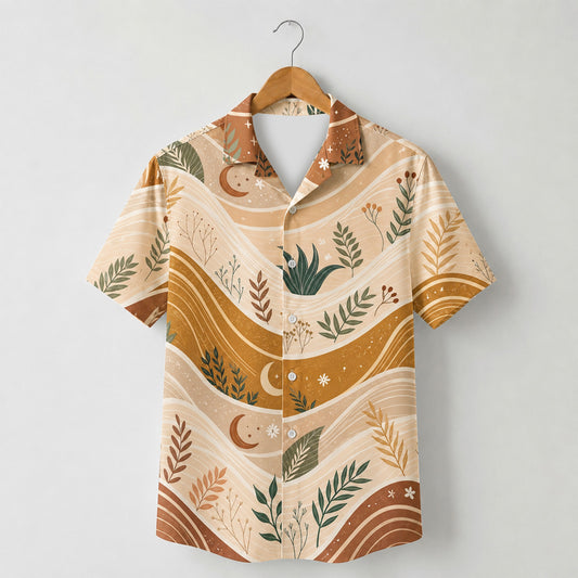 HW-M133-Terracotta Woven Summer Aloha Shirt, Vibrant Botanical Graphic Short Sleeve Leisure Wear Raiment