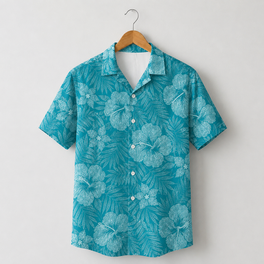HW-M217-Teal Floral Hawaiian Shirt with Tropical Botanical Pattern for Beach Resort Wear