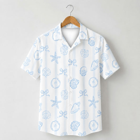 HW-M231-White Shell Hawaiian Shirt with Coastal Beach Pattern for Summer Resort Wear