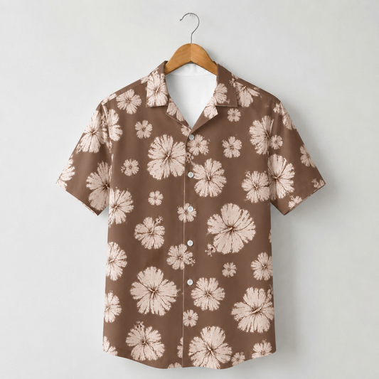 HW-M232-Brown Hawaiian Shirt Apparel, Floral Pattern Loungewear Vacation Summer Beach Resort Clothing