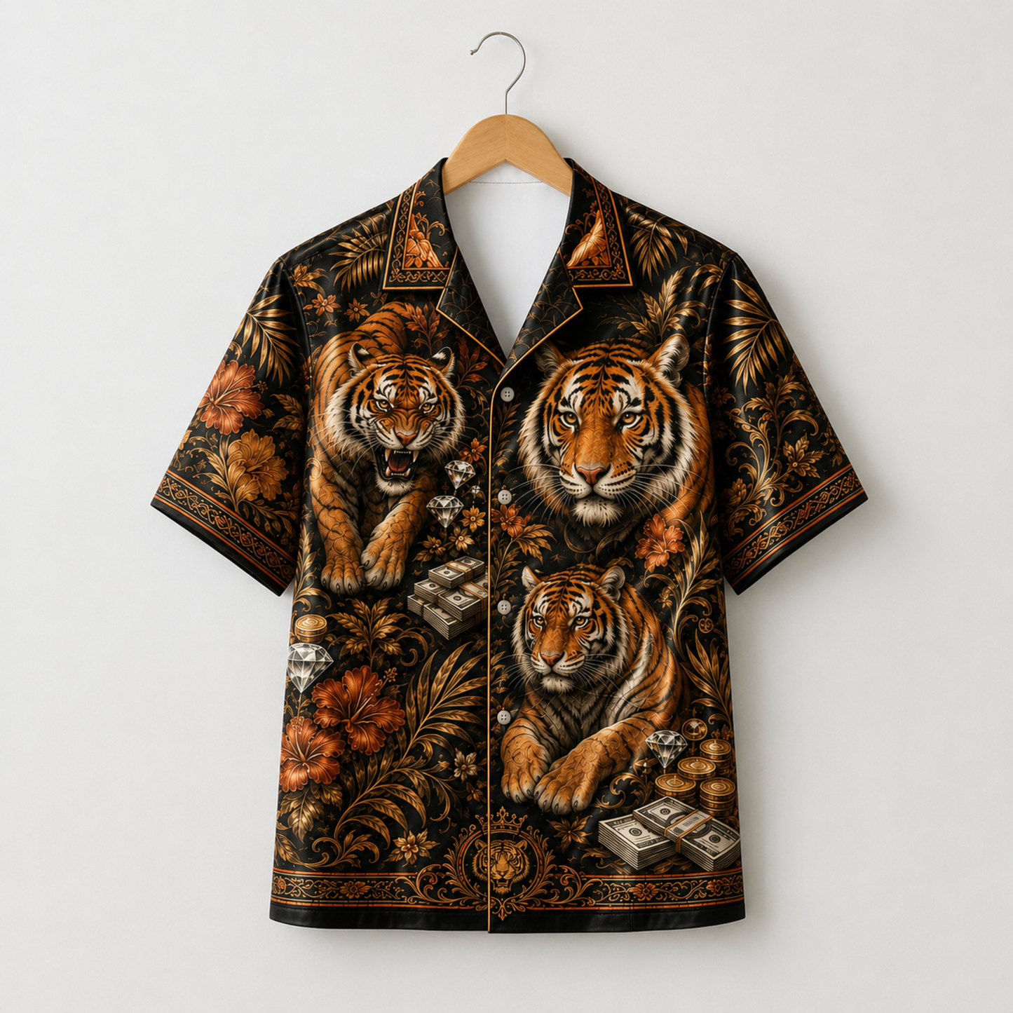 HW-M348-Black Satin Tiger Gold Floral Print Hawaiian Shirt Luxury Money Top
