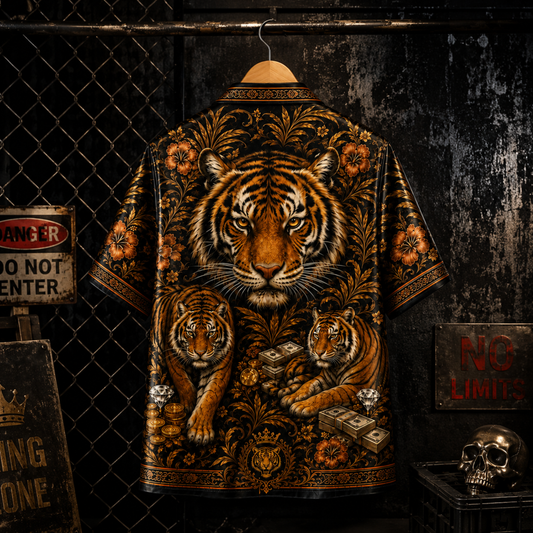 HW-M348-Black Satin Tiger Gold Floral Print Hawaiian Shirt Luxury Money Top