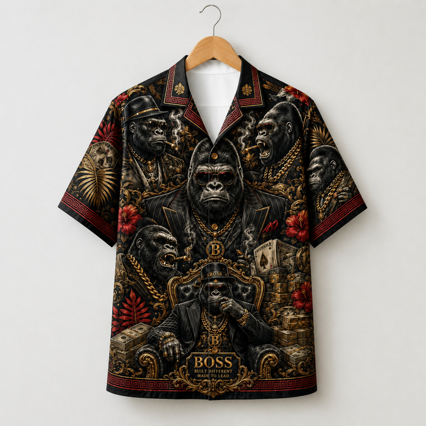 HW-M349-Luxury Boss Gorilla Print Satin Hawaiian Shirt Dark Graphic Top