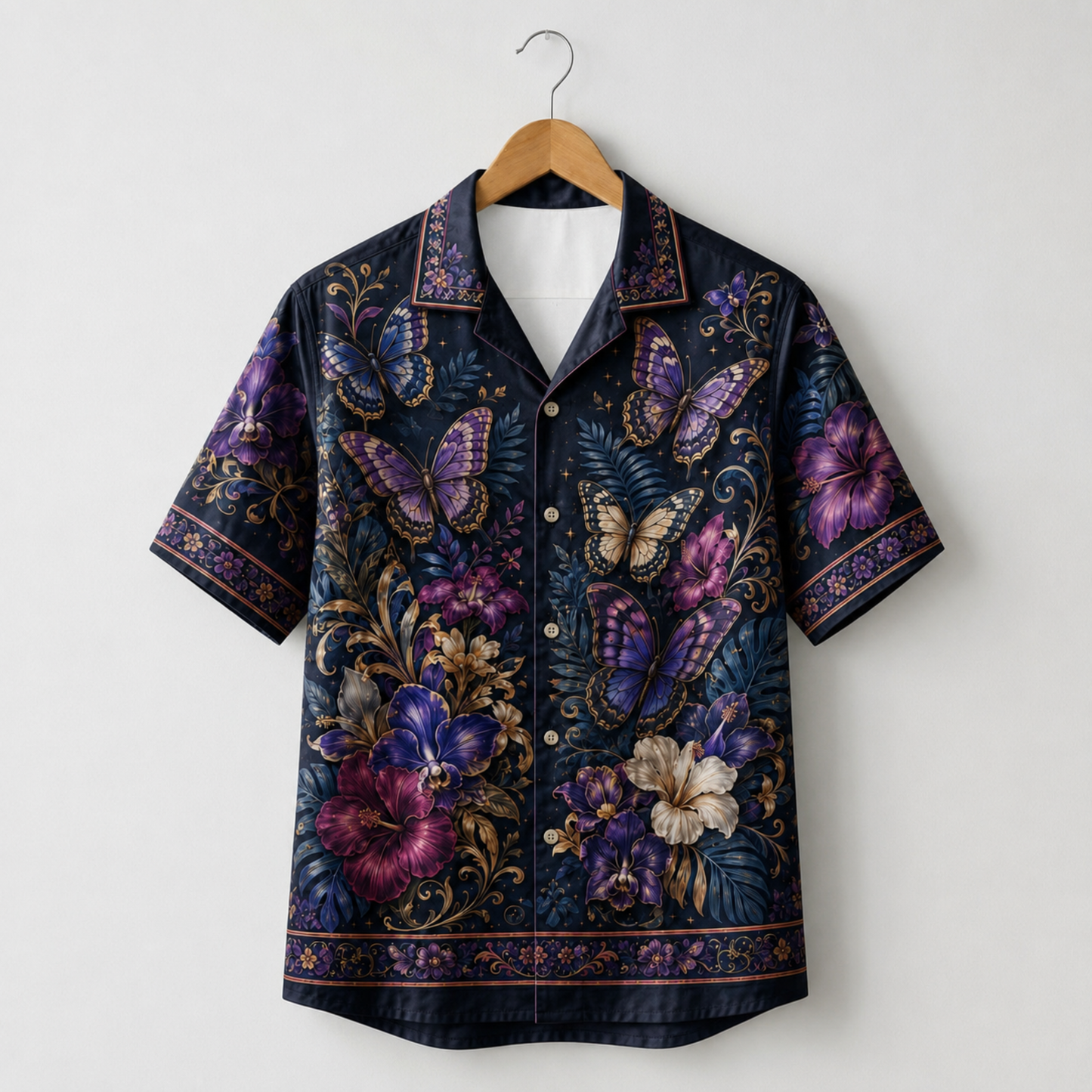 HW-M351-Dark Navy Satin Purple Butterfly And Floral Print Hawaiian Shirt Magical Botanical Top
