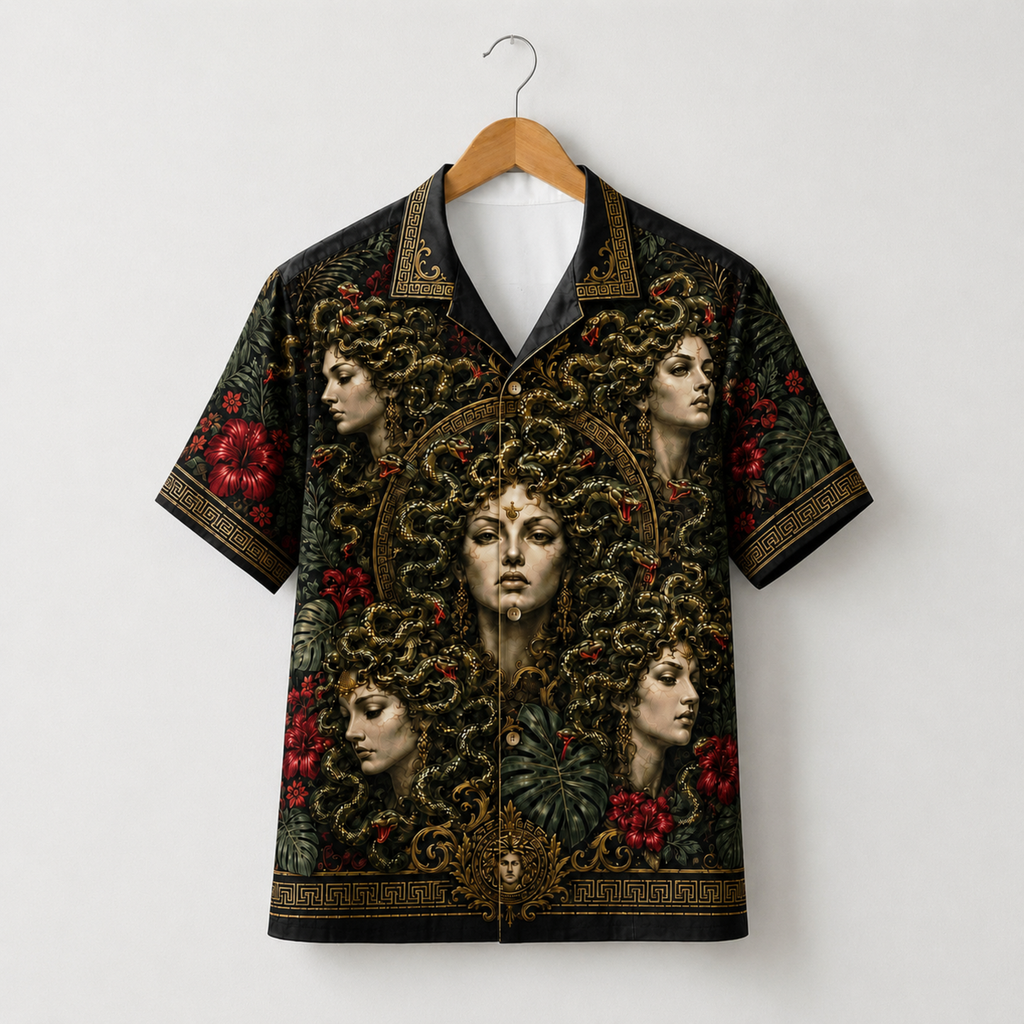 HW-M352-Dark Medusa Portrait Satin Hawaiian Shirt Greek Mythology Gothic Floral Top