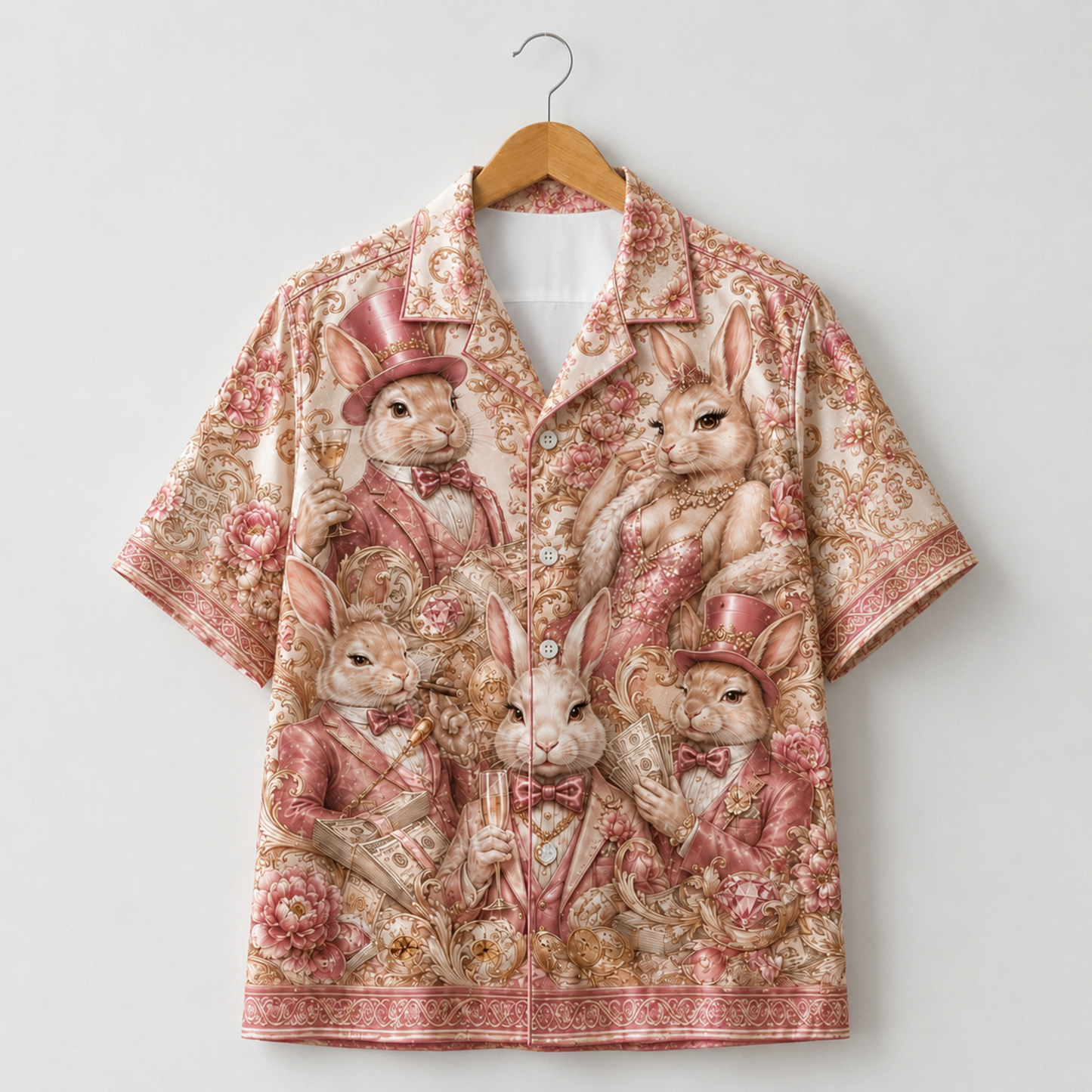 HW-M353-Pink Satin Vintage Rabbit Print Hawaiian Shirt Luxury Baroque Bunny Floral Top