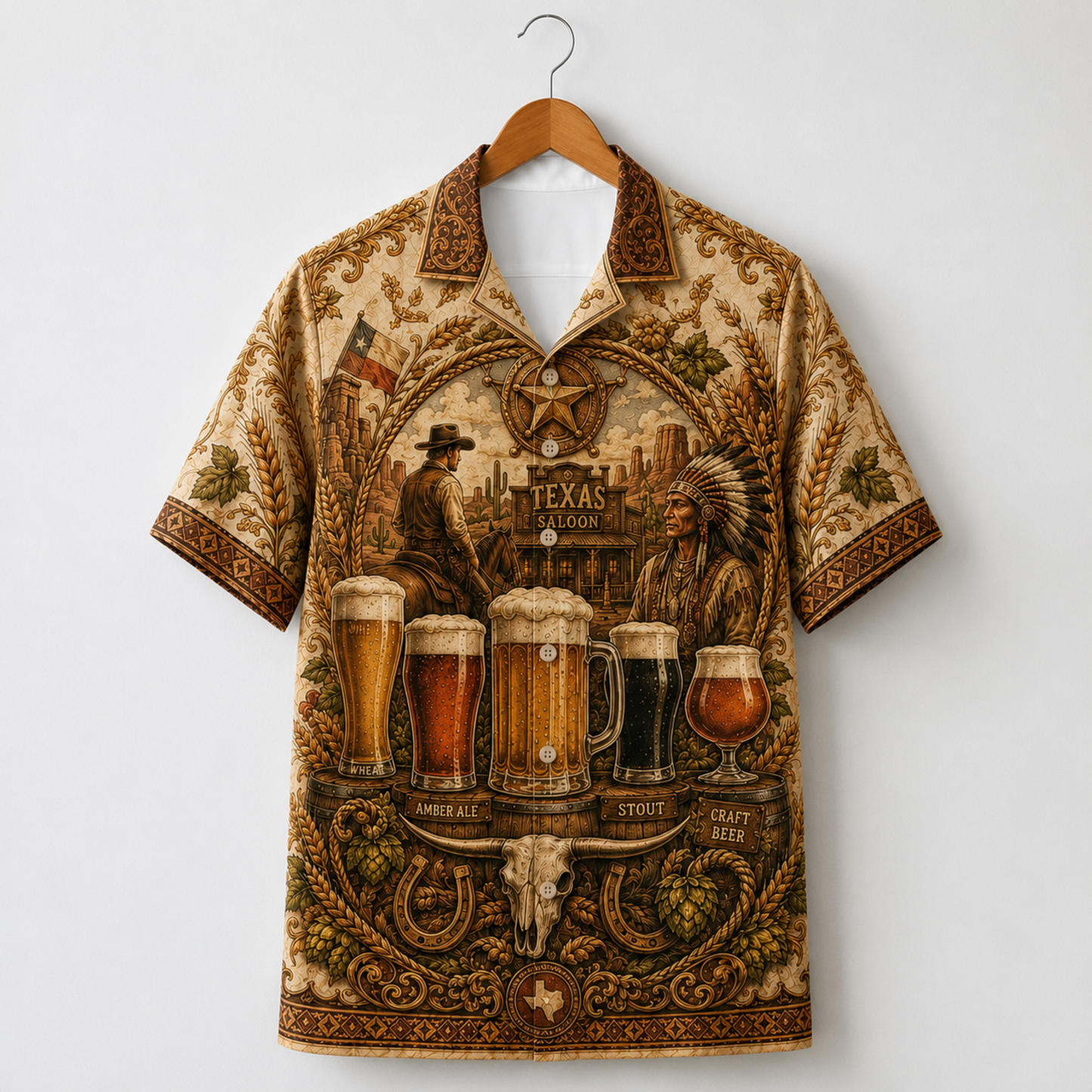 HW-M355-Vintage Western Texas Saloon Craft Beer Print Satin Hawaiian Shirt Rustic Cowboy Top