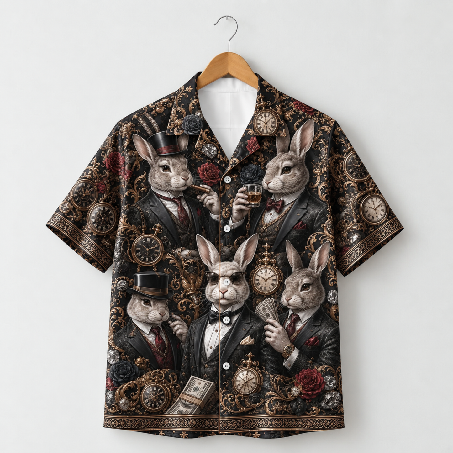 HW-M356-Black Satin Steampunk Rabbit Suit Print Hawaiian Shirt Vintage Clock Top